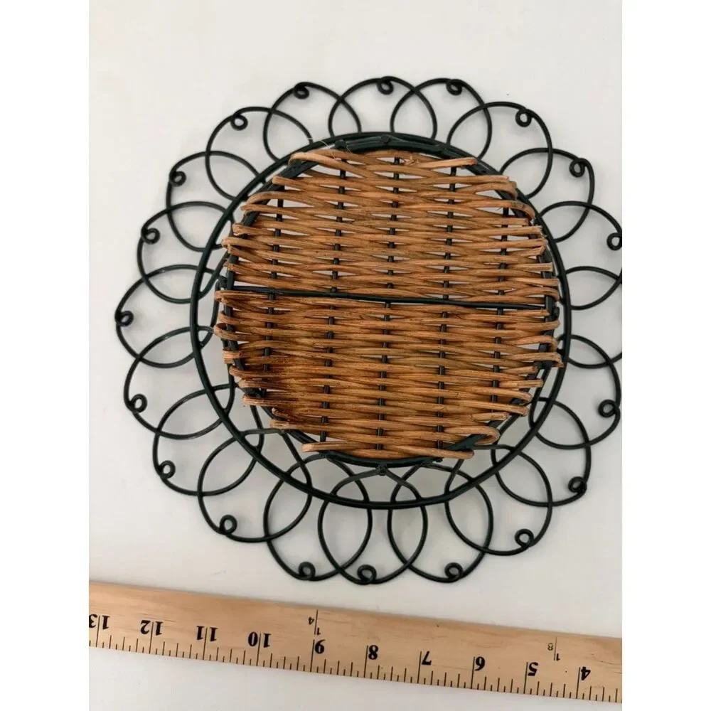 vtg round metal and wicker basket